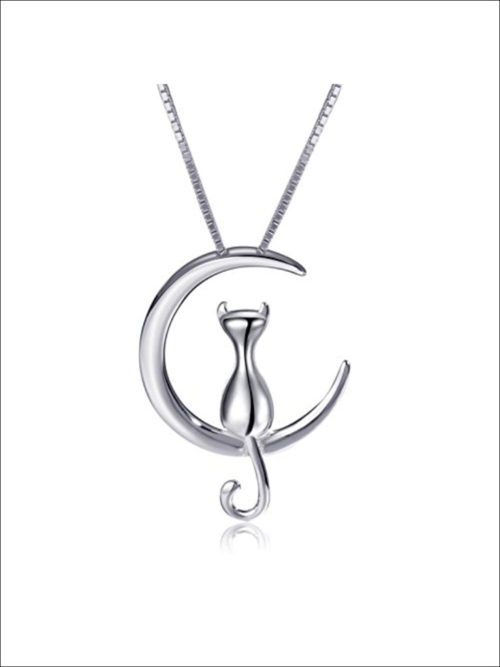 Sterling Silver Cat Moon Necklace Pendant for Women